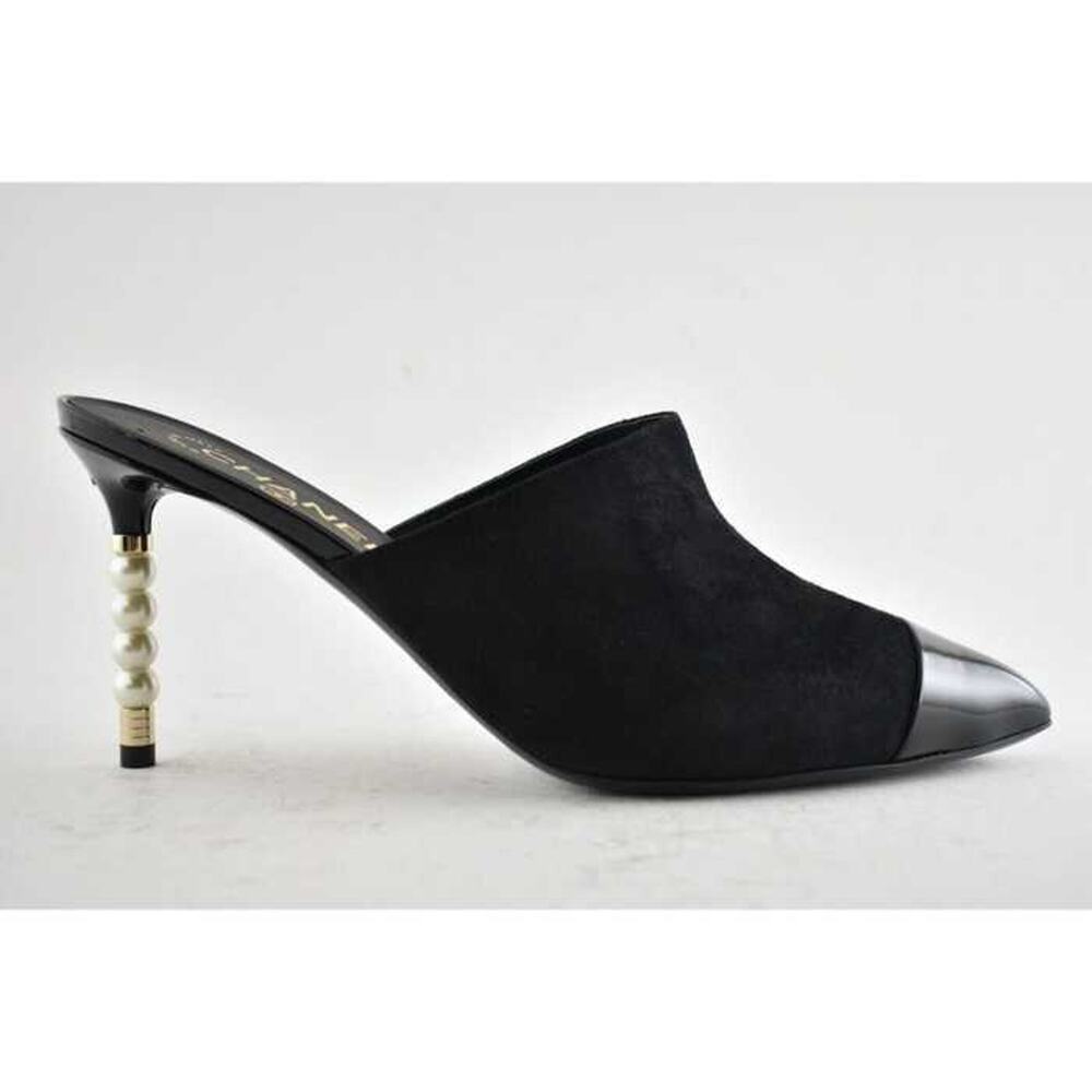 Chanel 20C Paris In Rome Pearl Black Suede Patent CC Mule Slide Heel Pump 40